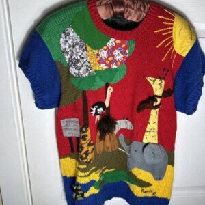 Raquel Jungle Animal Sweater L Peru Handmade Colorful 3D Giraffe Elephant Lion
